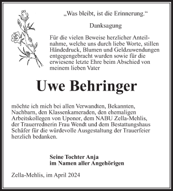 Traueranzeige von Uwe Behringer von Südthüringer Presse