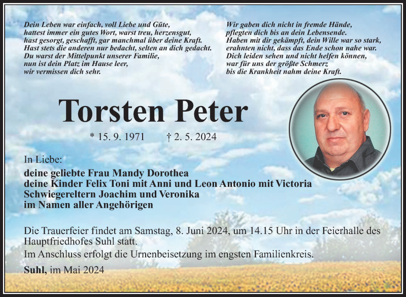  Traueranzeige für Torsten Peter vom 25.05.2024 aus Südthüringer Presse