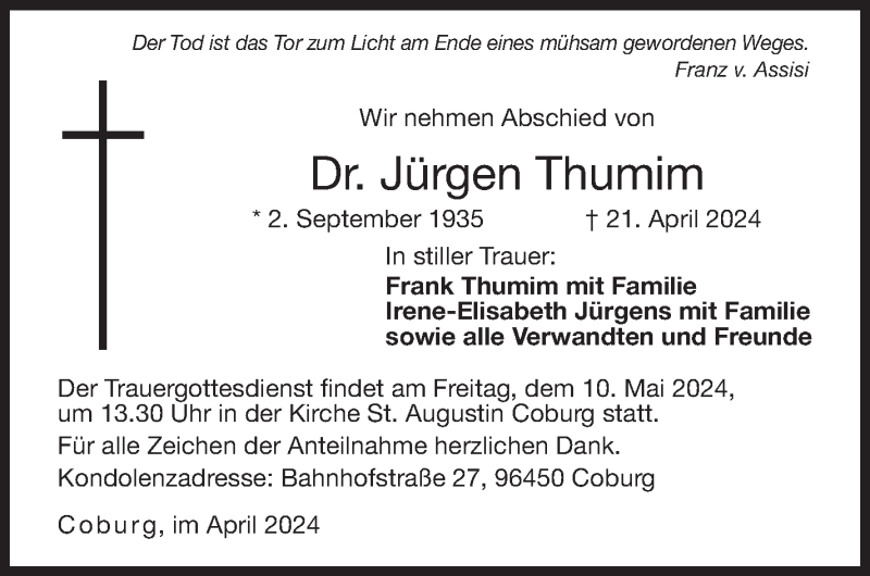  Traueranzeige für Jürgen Thumim vom 04.05.2024 aus Neue Presse Coburg