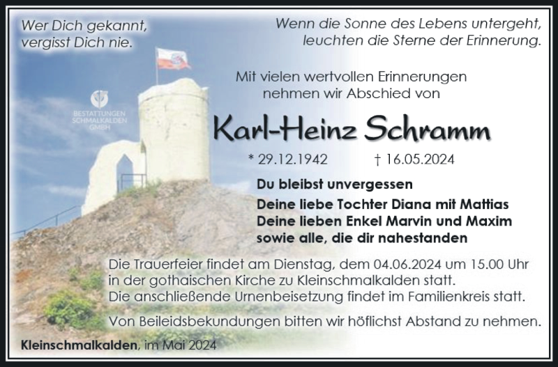  Traueranzeige für Karl-Heinz Schramm vom 25.05.2024 aus Südthüringer Presse