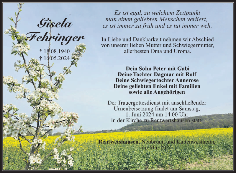  Traueranzeige für Gisela Fehringer vom 30.05.2024 aus Südthüringer Presse