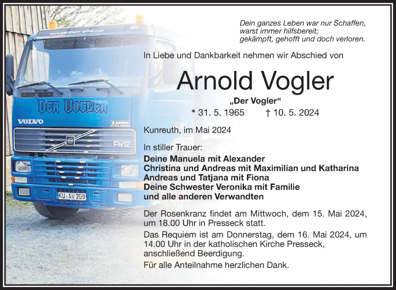  Traueranzeige für Arnold Vogler vom 14.05.2024 aus Frankenpost