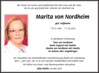 Traueranzeige von Marita von Nordheim von Südthüringer Presse