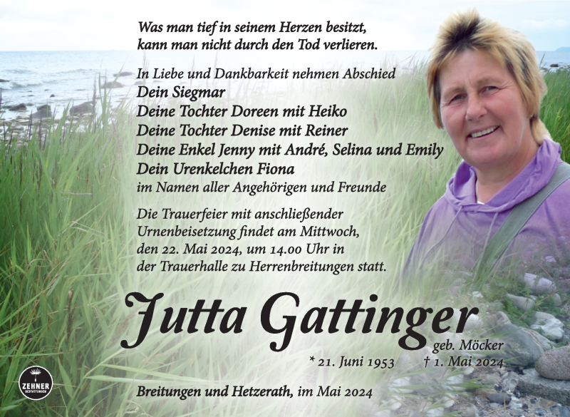  Traueranzeige für Jutta Gattinger vom 18.05.2024 aus Südthüringer Presse