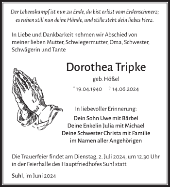 Traueranzeige von Dorothea Tripke von Südthüringer Presse