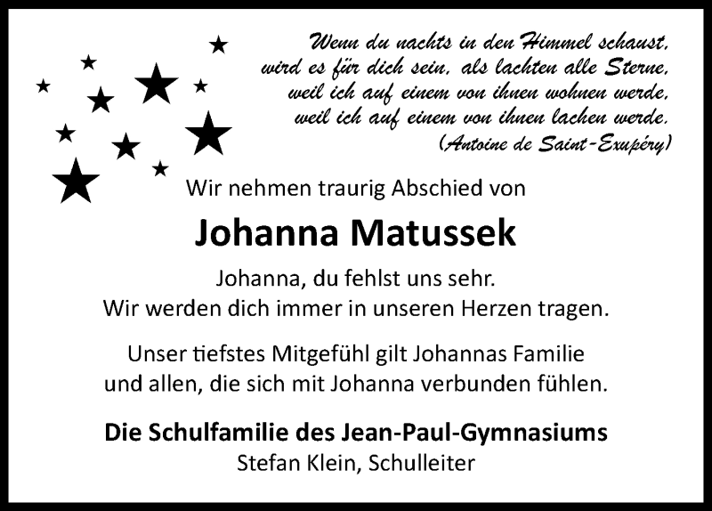  Traueranzeige für Johanna Matussek vom 19.06.2024 aus Frankenpost