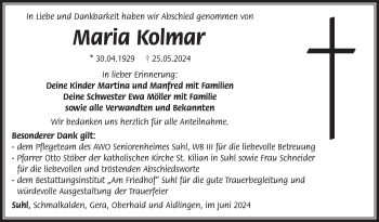 Traueranzeige von Maria Kolmar von Südthüringer Presse