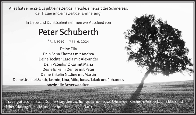  Traueranzeige für Peter Schuberth vom 18.06.2024 aus Frankenpost