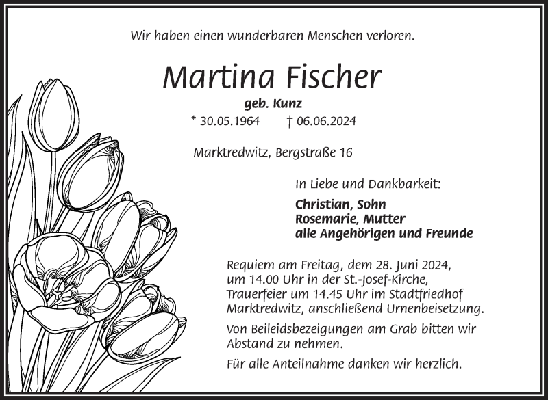  Traueranzeige für Martina Fischer vom 22.06.2024 aus Frankenpost