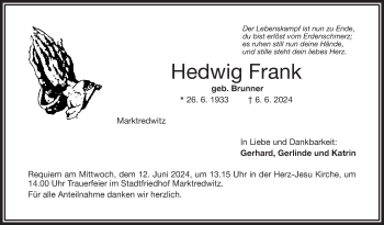 Traueranzeige von Hedwig Frank von Frankenpost