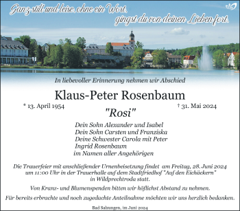 Traueranzeige von Klaus-Peter Rosenbaum von Südthüringer Presse