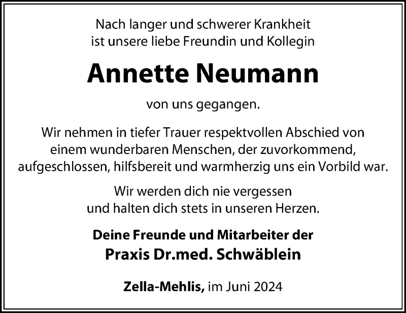  Traueranzeige für Annette Neumann vom 15.06.2024 aus Südthüringer Presse