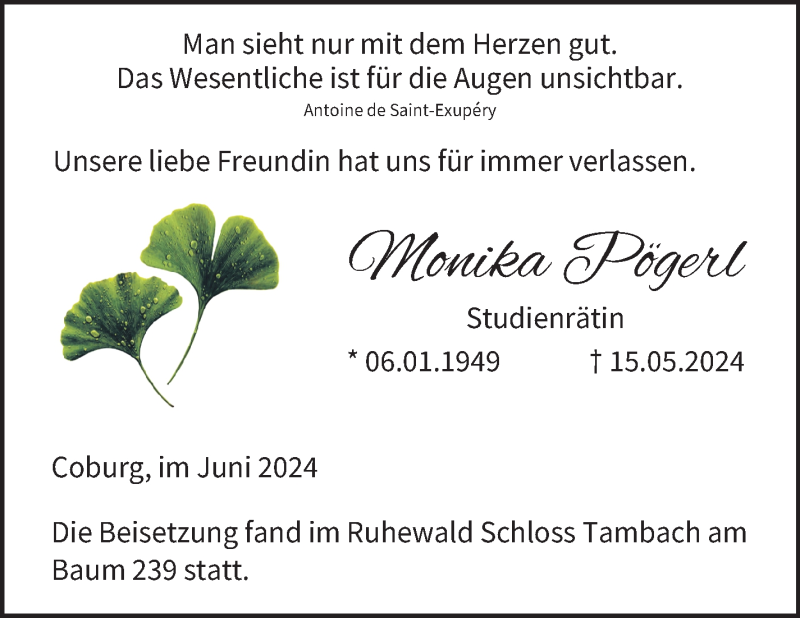  Traueranzeige für Monika Pögerl vom 08.06.2024 aus Neue Presse Coburg