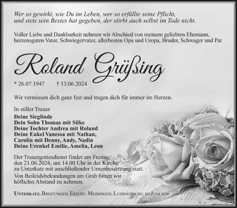  Traueranzeige für Roland Grüßing vom 19.06.2024 aus Südthüringer Presse