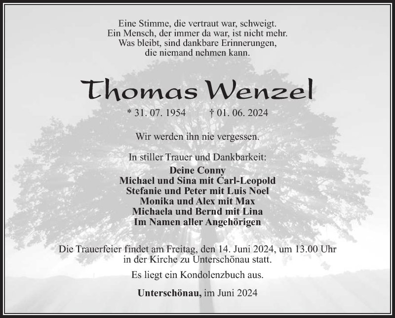  Traueranzeige für Thomas Wenzel vom 08.06.2024 aus Südthüringer Presse