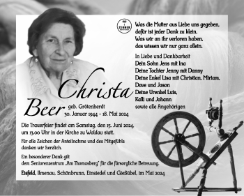 Traueranzeige von Christa Beer von Südthüringer Presse