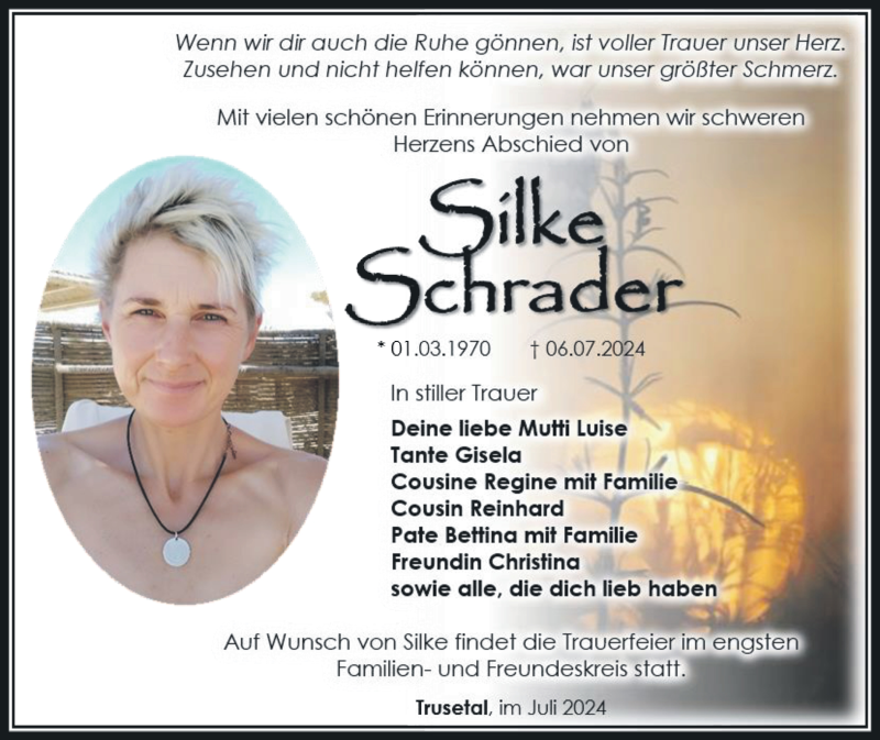  Traueranzeige für Silke Schrader vom 13.07.2024 aus Südthüringer Presse