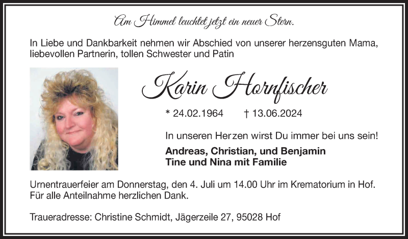  Traueranzeige für Karin Hornfischer vom 29.06.2024 aus Frankenpost