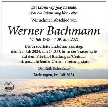 Traueranzeige von Werner Bachmann von Südthüringer Presse