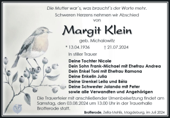 Traueranzeige von Margit Klein von Südthüringer Presse