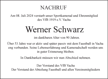 Traueranzeige von Werner Schwarz von Südthüringer Presse