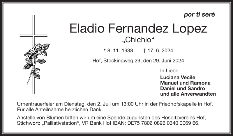  Traueranzeige für Eladio Lopez vom 29.06.2024 aus Frankenpost