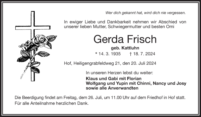  Traueranzeige für Gerda Frisch vom 20.07.2024 aus Frankenpost