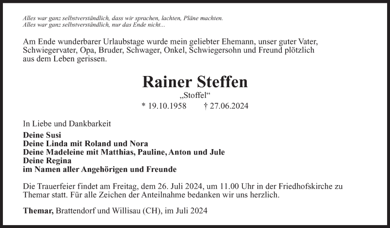  Traueranzeige für Rainer Steffen vom 20.07.2024 aus Südthüringer Presse