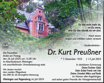 Traueranzeige von Kurt Preußner von Südthüringer Presse