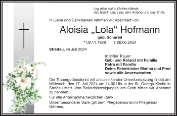 Traueranzeige von Aloisia Hofmann von Frankenpost