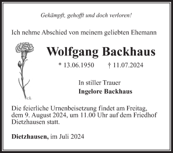 Traueranzeige von Wolfgang Backhaus von Südthüringer Presse