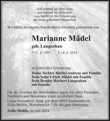 Traueranzeige von Marianne Mädel von Südthüringer Presse