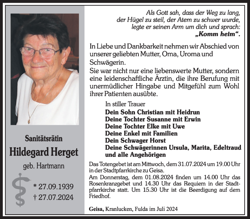  Traueranzeige für Hildegard Herget vom 30.07.2024 aus Südthüringer Presse