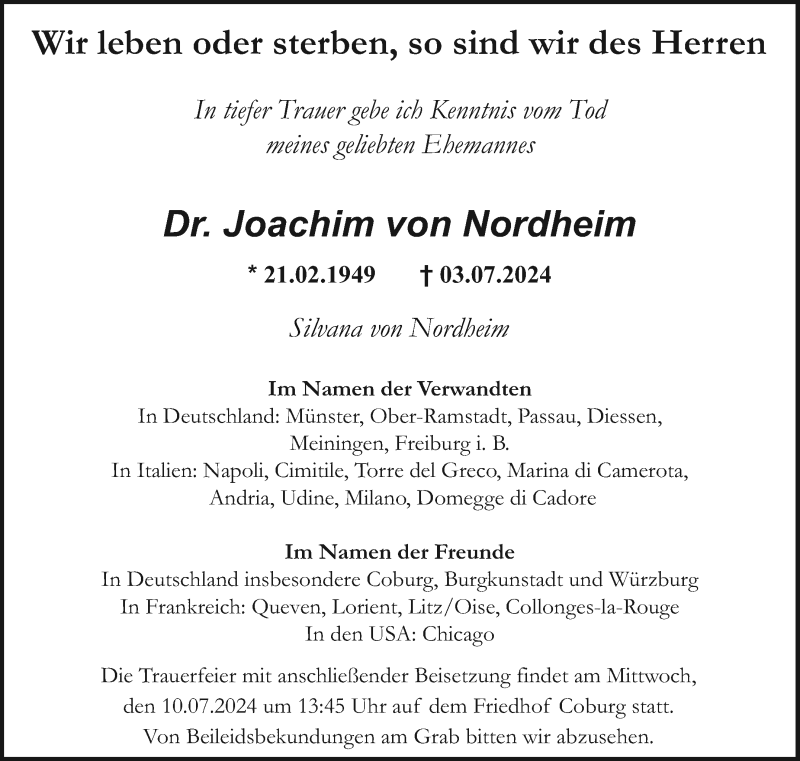  Traueranzeige für Joachim von Nordheim vom 06.07.2024 aus Neue Presse Coburg