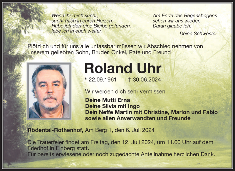  Traueranzeige für Roland Uhr vom 06.07.2024 aus Neue Presse Coburg