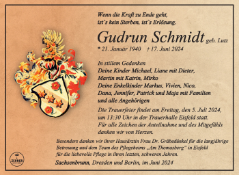 Traueranzeige von Gudrun Schmidt von Südthüringer Presse