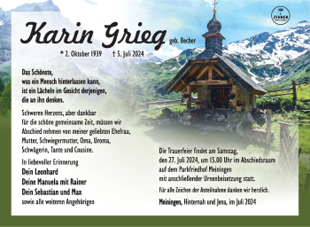 Traueranzeige von Karin Grieg von Südthüringer Presse