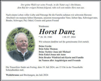 Traueranzeige von Horst Danz von Südthüringer Presse