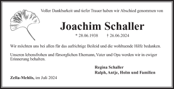 Traueranzeige von Joachim Schaller von Südthüringer Presse