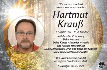 Traueranzeige von Hartmut Krauß von Südthüringer Presse