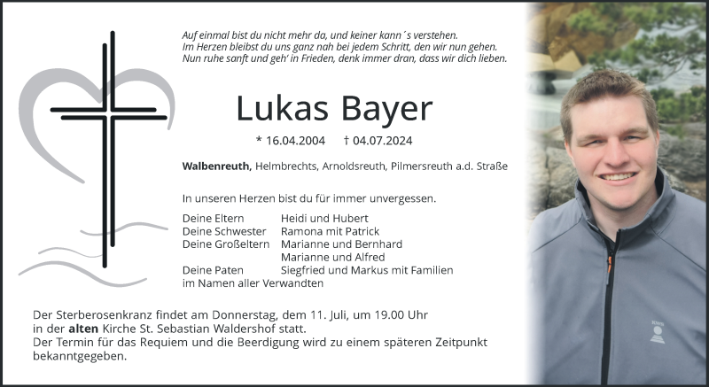  Traueranzeige für Lukas Bayer vom 10.07.2024 aus Frankenpost