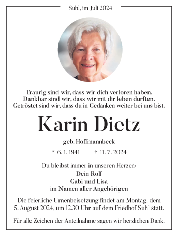 Traueranzeige von Karin Dietz von Südthüringer Presse
