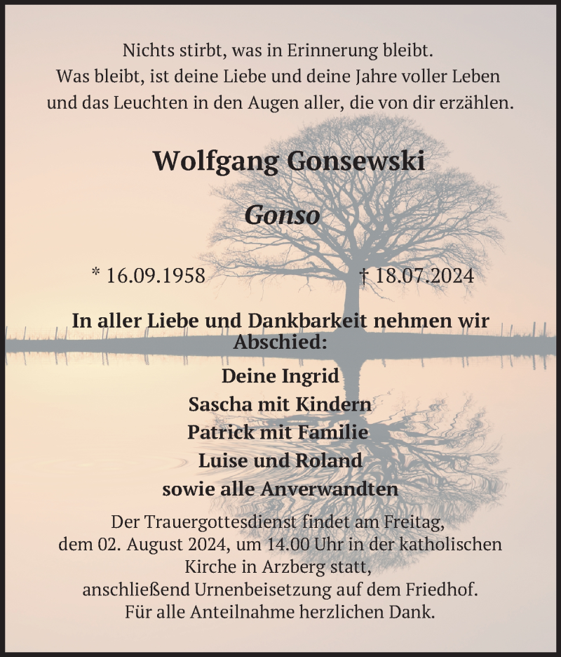  Traueranzeige für Wolfgang Gonsewski vom 27.07.2024 aus Frankenpost