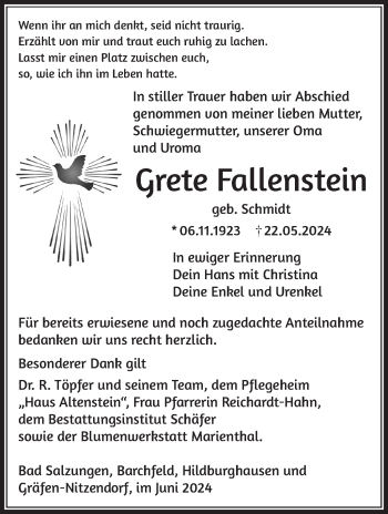 Traueranzeige von Grete Fallenstein von Südthüringer Presse