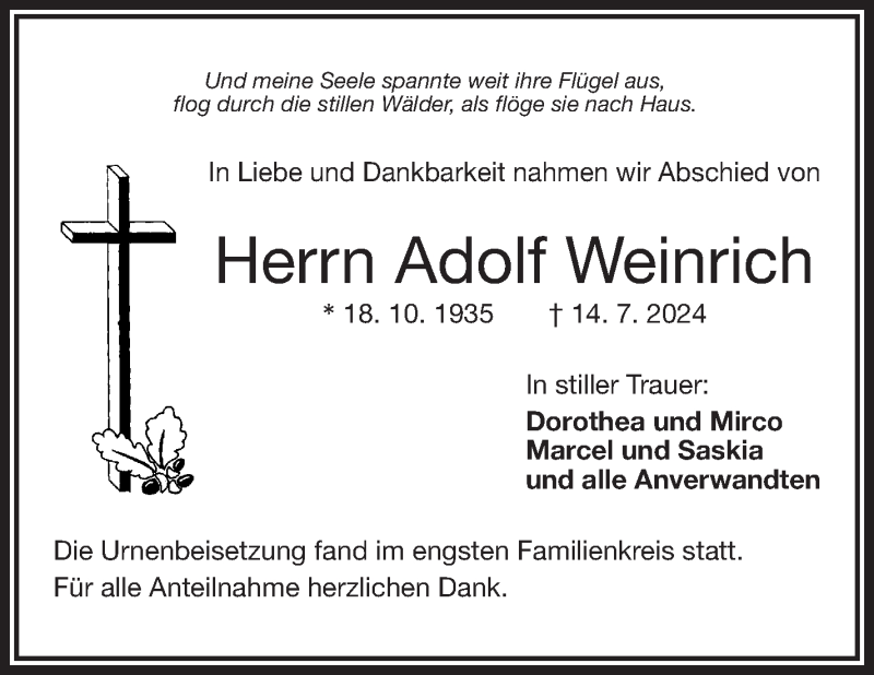  Traueranzeige für Adolf Weinrich vom 27.07.2024 aus Frankenpost