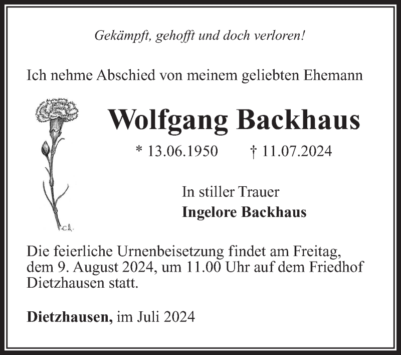  Traueranzeige für Wolfgang Backhaus vom 20.07.2024 aus Südthüringer Presse