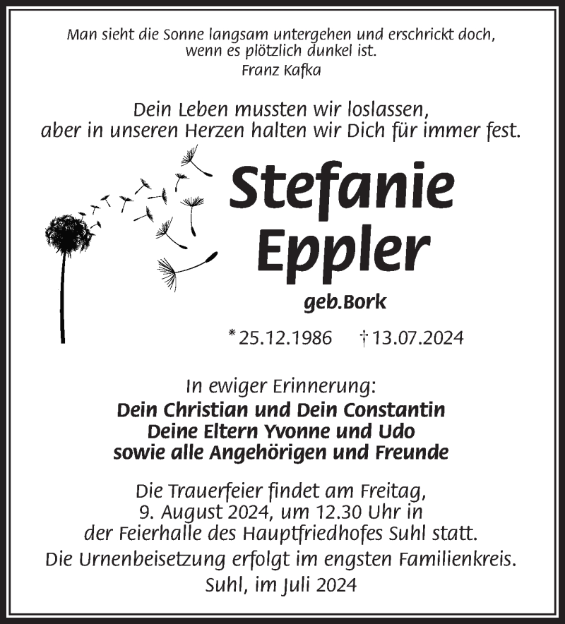  Traueranzeige für Stefanie Eppler vom 20.07.2024 aus Südthüringer Presse