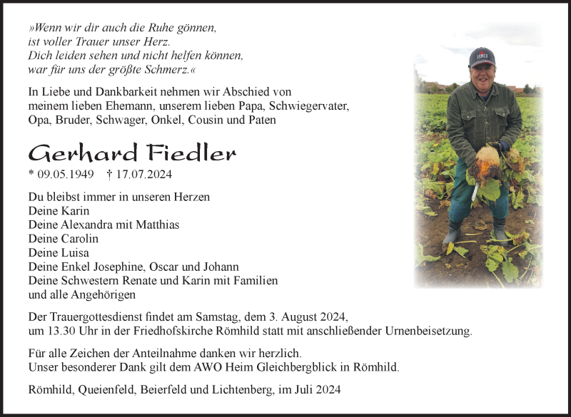  Traueranzeige für Gerhard Fiedler vom 25.07.2024 aus Südthüringer Presse