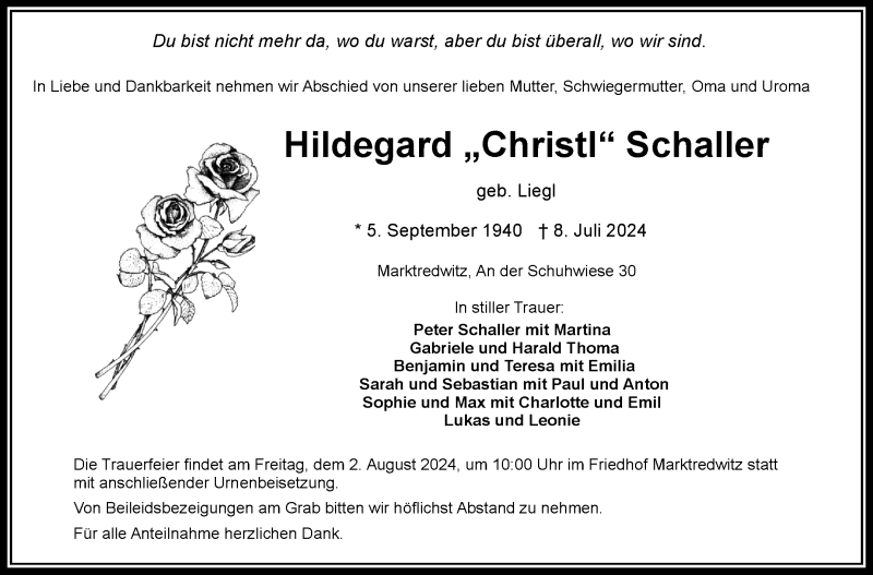  Traueranzeige für Hildegard Schaller vom 20.07.2024 aus Frankenpost