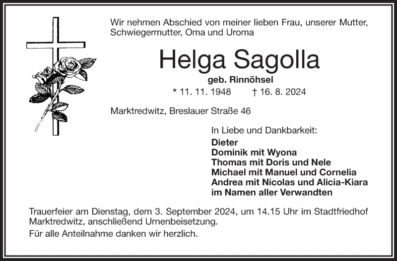  Traueranzeige für Helga Sagolla vom 24.08.2024 aus Frankenpost